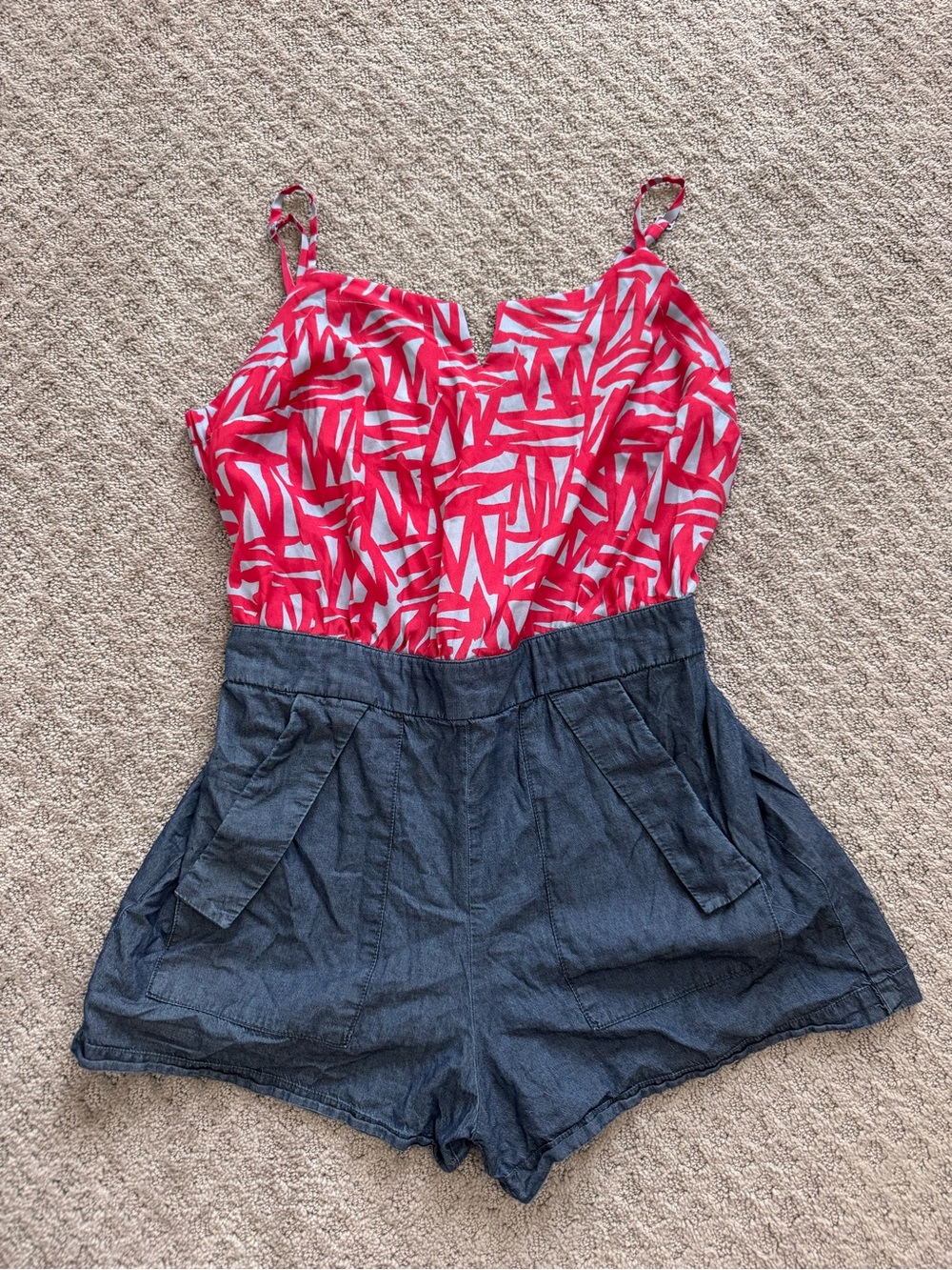 BCBGeneration Pink Patterned Romper with Chambray-Style Shorts